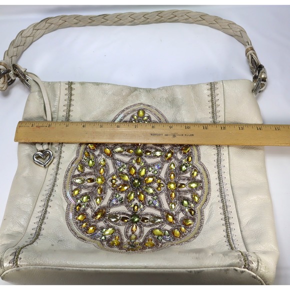 Brighton Pewter Anju Embellished Purse Jewel Masterpiece White Leather Bag Hobo - Picture 4 of 11